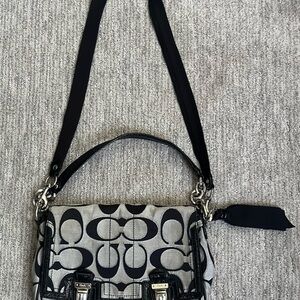 Coach Black and Gray Shoulder Bag with Monogram Pattern